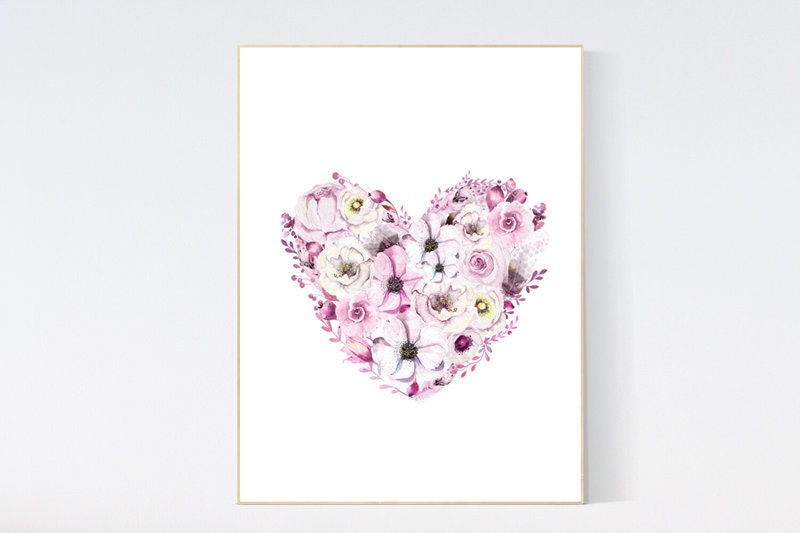 Nursery decor girl flower, nursery wall art girl pink, pink nursery, heart nursery, nursery decor girl boho, nursery decor girl floral