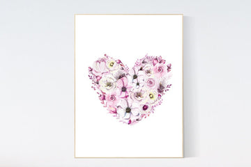 Nursery decor girl flower, nursery wall art girl pink, pink nursery, heart nursery, nursery decor girl boho, nursery decor girl floral