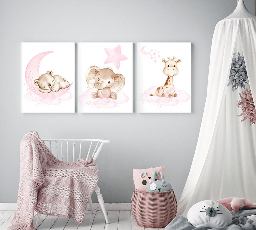 nursery decor girl pink, nursery decor girl woodland animals, nursery decor animals, teddy bear, elephant, giraffe, baby girl nursery prints