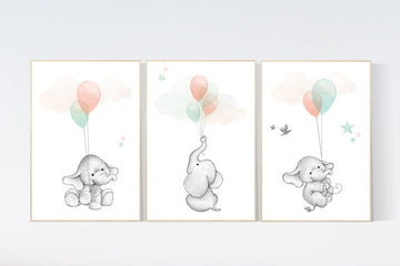 Mint and coral nursery, Nursery decor animals, neutral nursery, coral nursery, elephant nursery, mint nursery, gender neutral, mint coral