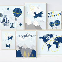 Nursery decor boy travel, mountain,, nursery decor boy plane, world map nursery, adventure nursery, mountain, navy yellow, airplane, boy