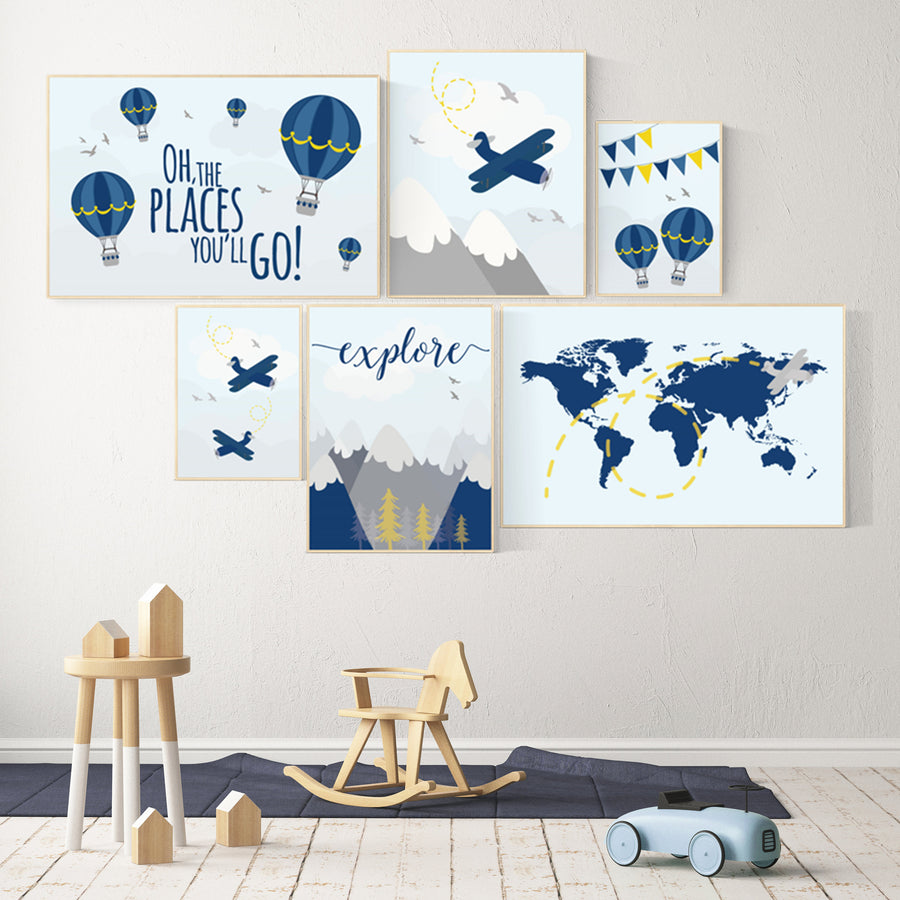 Nursery decor boy travel, mountain,, nursery decor boy plane, world map nursery, adventure nursery, mountain, navy yellow, airplane, boy