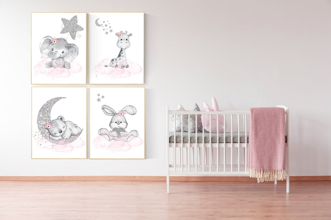 Animal nursery for girls, pink and silver, Nursery decor girl elephant, animal nursery, bunny print, bear nursery giraffe baby room wall art