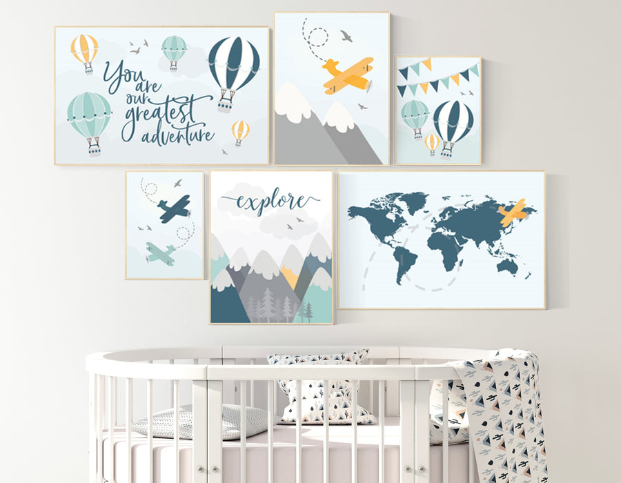 Nursery decor boy travel, hot air balloon, airplane, you are our greatest adventure nursery, nursery wall art mountain, adventure nursery