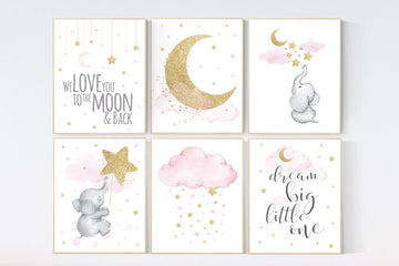 Giraffe, elephant nursery, moon cloud star nursery, Pink gold nursery, girl room wall art, moon nursery, Nursery decor girl, baby room print