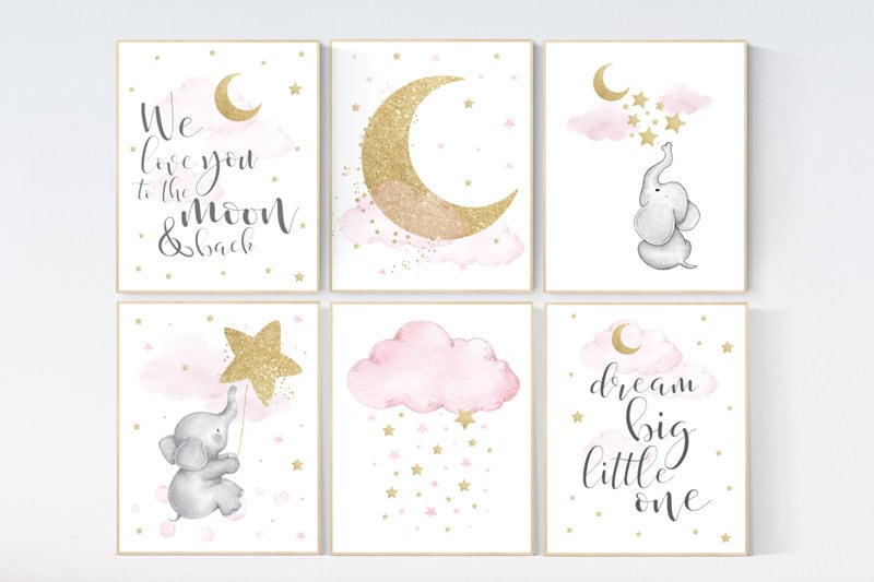 Moon cloud star nursery, elephant, giraffe, pink gold nursery girl room art, nursery ideas for girls, Nursery decor girl, baby room decor