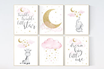 Baby room decor girl, Moon cloud star nursery, elephant, giraffe, pink gold nursery girl room art, nursery ideas for girls, Nursery prints