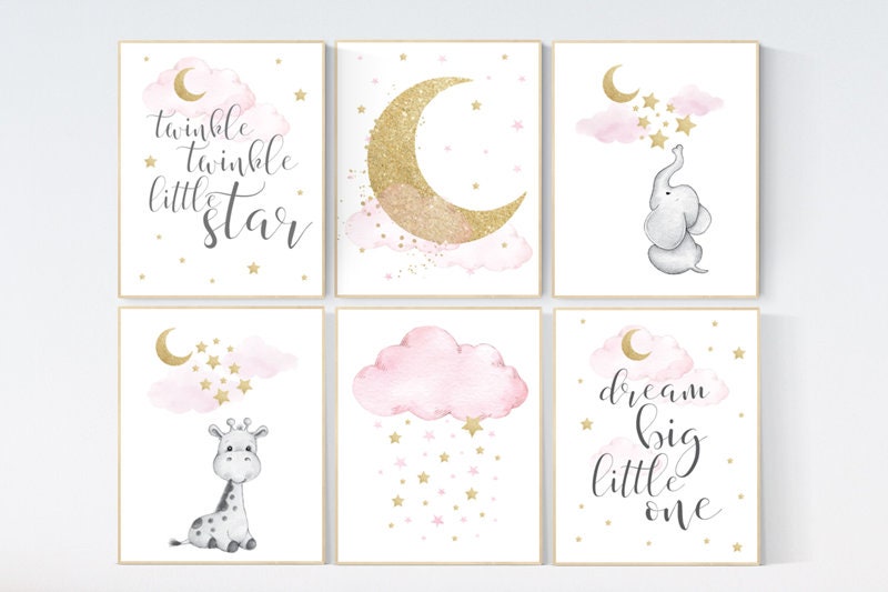 Baby room decor girl, Moon cloud star nursery, elephant, giraffe, pink gold nursery girl room art, nursery ideas for girls, Nursery prints