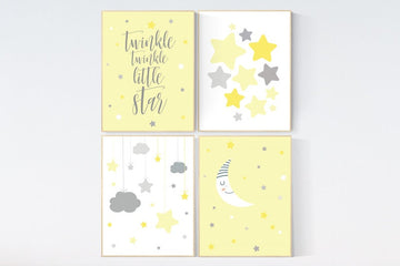 Nursery decor girl yellow, moon cloud star, baby room decor for twin, moon nursery decor, yellow gray nursery wall art, gender neutral, twin