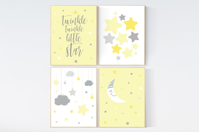 Nursery decor girl yellow, moon cloud star, baby room decor for twin, moon nursery decor, yellow gray nursery wall art, gender neutral, twin