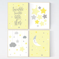 Nursery decor girl yellow, moon cloud star, baby room decor for twin, moon nursery decor, yellow gray nursery wall art, gender neutral, twin