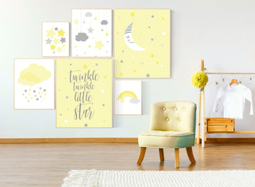 Nursery decor girl yellow, moon cloud star, baby room decor for twin, moon and cloud, yellow gray nursery wall art, gender neutral, twin