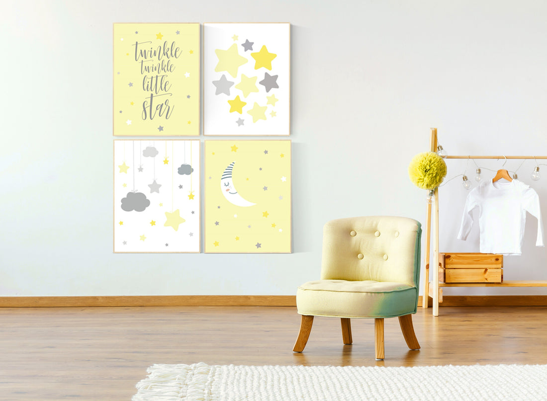 Nursery decor girl yellow, moon cloud star, baby room decor for twin, moon nursery decor, yellow gray nursery wall art, gender neutral, twin