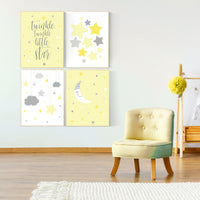 Nursery decor girl yellow, moon cloud star, baby room decor for twin, moon nursery decor, yellow gray nursery wall art, gender neutral, twin