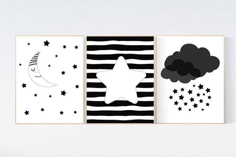 Nursery wall art black and white, black and white nursery prints, baby room decor gender neutral, cloud and stars, black white nursery art