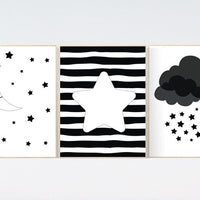 Nursery wall art black and white, black and white nursery prints, baby room decor gender neutral, cloud and stars, black white nursery art