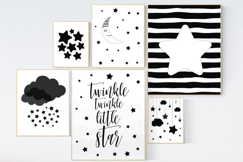 Black and white nursery prints, baby room decor gender neutral, Nursery wall art black and white, cloud and stars, black white nursery art