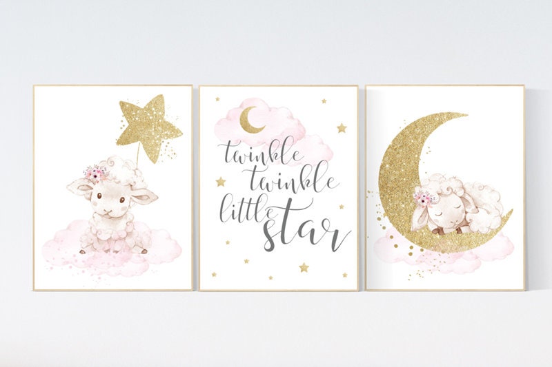 Nursery decor girl, Sheep nursery decor, nursery decor lambs, twinkle twinkle little star,nursery wall art sheep, moon and cloud