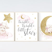 Nursery decor girl, Sheep nursery decor, nursery decor lambs, twinkle twinkle little star,nursery wall art sheep, moon and cloud