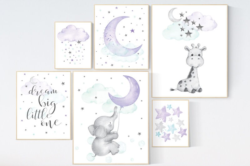 Elephant, giraffe, nurser decor girl, Purple teal nursery wall art, Nursery decor girl purple, lilac nursery print, lavender, lilac mint