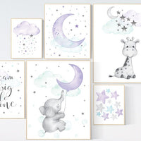 Elephant, giraffe, nurser decor girl, Purple teal nursery wall art, Nursery decor girl purple, lilac nursery print, lavender, lilac mint