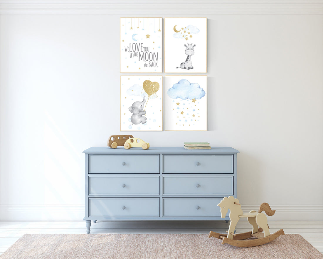 Blue and gold nursery, Nursery decor boy elephant, we love you to the moon and back, blue nursery wall art, moon and stars, giraffe nursery