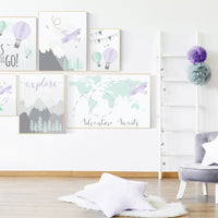 Lavender mint nursery decor, adventure awaits map, adventure nursery print, mountain nursery, nursery decor girl purple mint, mint purple
