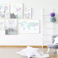 Girls room decor purple and turquoise, adventure awaits nursery art, adventure theme nursery, lavender mint, lilac mint hot air balloon