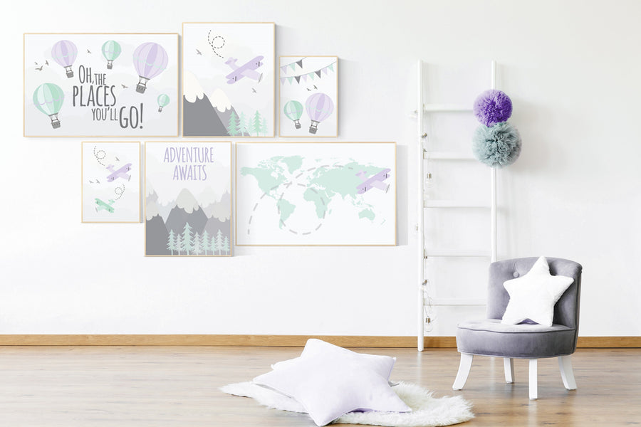 Girls room decor purple and turquoise, adventure awaits nursery art, adventure theme nursery, lavender mint, lilac mint hot air balloon
