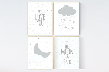Gray nursery art, We love you to the moon and back, star nursery decor, nursery decor, moon nursery, neutral nursery wall art, grey nursery