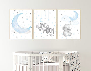 Nursery decor Elephant, blue grey, we love you to the moon and back, Blue and gray, Nursery decor boy, boy nursery, moon and stars wall art