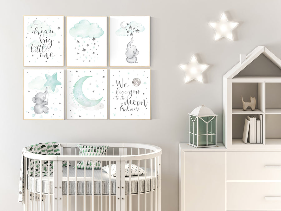 Gender neutral nursery, mint nursery, elephant, dream big little one, nursery wall art animals, twin nursery, set of 6, nursery print set