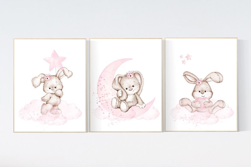Bunny Nursery Print Set: Pink Flower Rabbit Wall Art