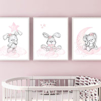 Bunny print nursery girl, Nursery decor girl flower bunny, nursery wall art bunny, pink and gray, rabbit nursery art, rabbit print nursery