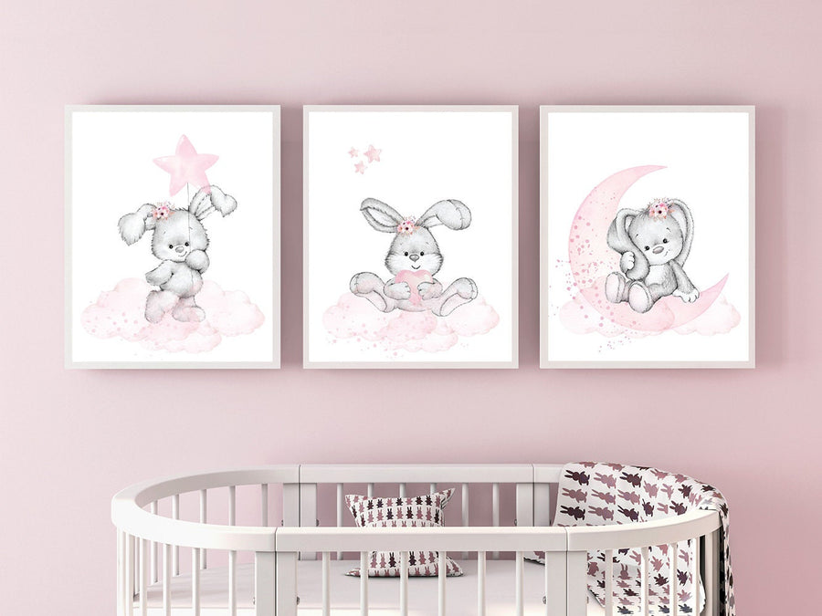Bunny print nursery girl, Nursery decor girl flower bunny, nursery wall art bunny, pink and gray, rabbit nursery art, rabbit print nursery