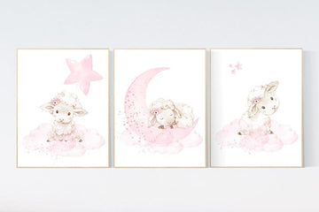 Lamb nursery prints, Sheep nursery decor, Nursery decor girl, nursery wall art sheep, moon and cloud wall art nursery, girl nursery decor