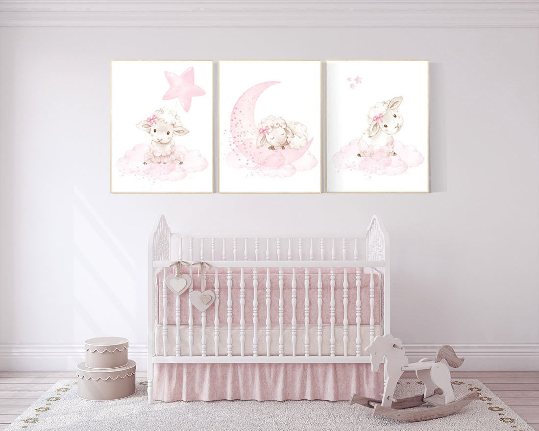 Sheep print nursery, Nursery decor girl, sheep nursery wall art, nursery decor lambs, nursery wall art sheep, moon and cloud, girl nursery