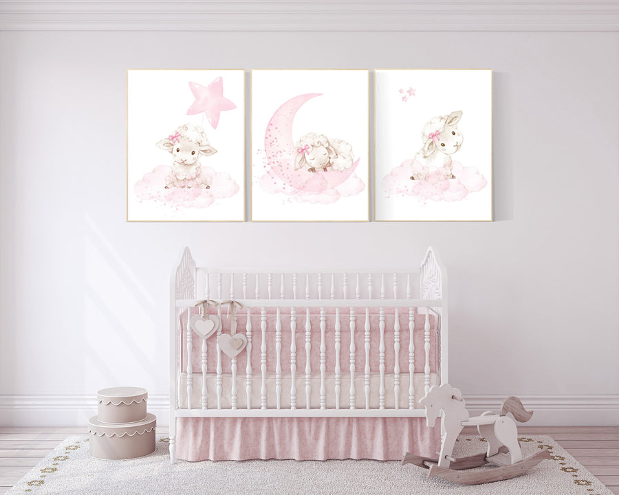 Sheep print nursery, Nursery decor girl, sheep nursery wall art, nursery decor lambs, nursery wall art sheep, moon and cloud, girl nursery