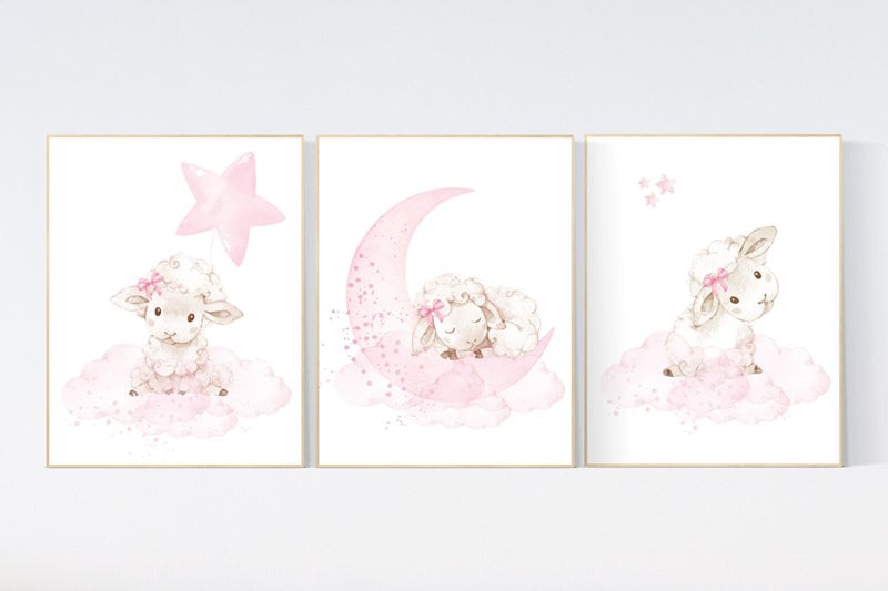 Sheep print nursery, Nursery decor girl, sheep nursery wall art, nursery decor lambs, nursery wall art sheep, moon and cloud, girl nursery