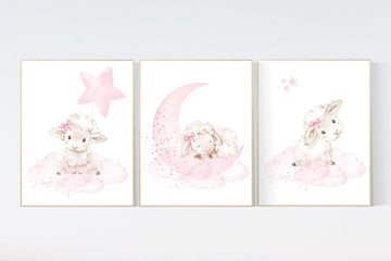 Sheep print nursery, Nursery decor girl, sheep nursery wall art, nursery decor lambs, nursery wall art sheep, moon and cloud, girl nursery