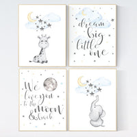 Nursery decor gender neutral, elephant and giraffe, blue yellow, nursery wall art, we love you to the moon and back, gender neutral