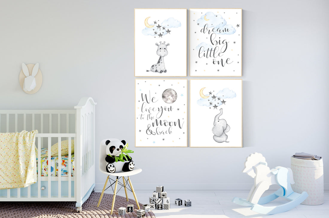 Nursery decor gender neutral, elephant and giraffe, blue yellow, nursery wall art, we love you to the moon and back, gender neutral