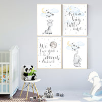 Nursery decor gender neutral, elephant and giraffe, blue yellow, nursery wall art, we love you to the moon and back, gender neutral