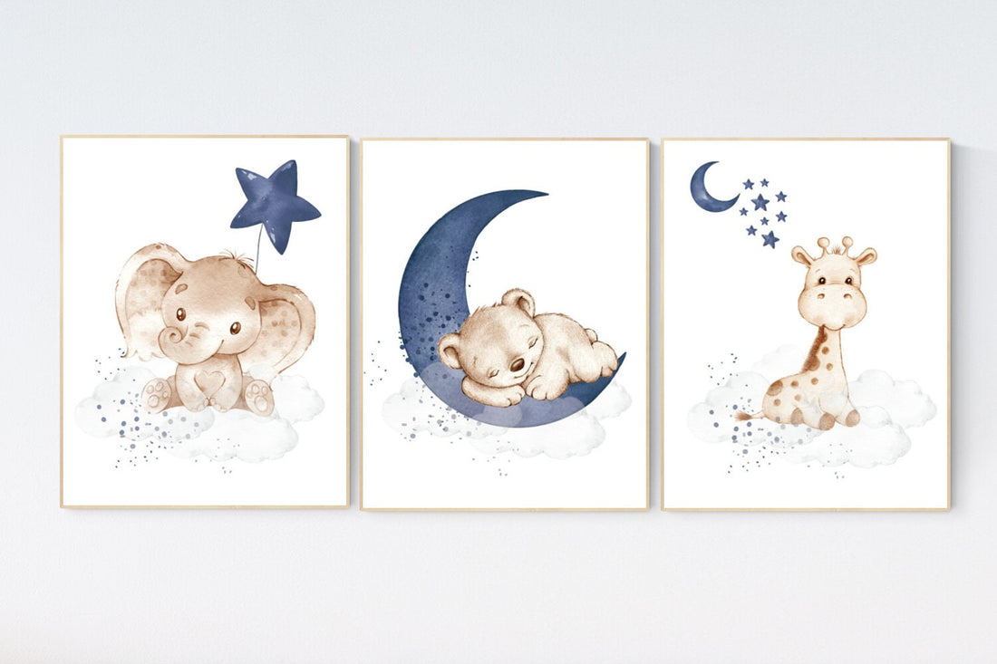 Nursery wall art animals, baby room decor navy blue, baby room decor bear, elephant, giraffe, animal nursery decor, nursery prints