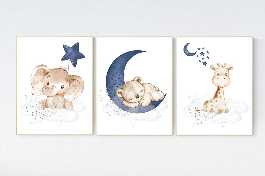 Navy Blue Nursery Prints: Bear, Elephant, Giraffe Animal Art