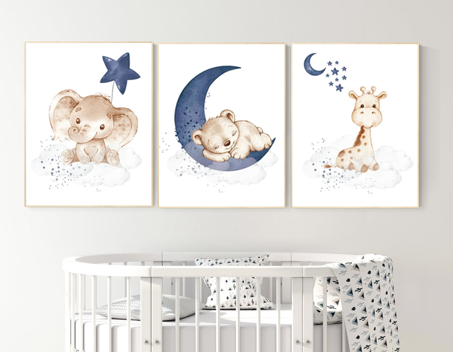 Nursery wall art animals, baby room decor navy blue, baby room decor bear, elephant, giraffe, animal nursery decor, nursery prints