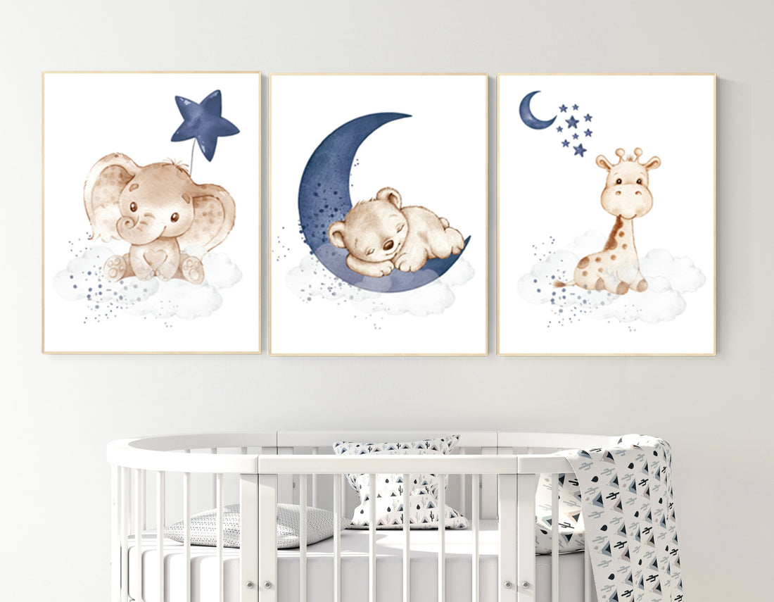 Navy Blue Nursery Prints: Bear, Elephant, Giraffe Animal Art