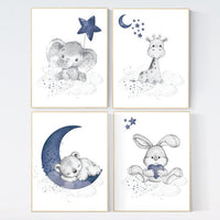 Nursery decor boy elephant, animal nursery, bunny nursery art, navy blue, bear nursery, giraffe baby room wall art, boy room, navy gray grey