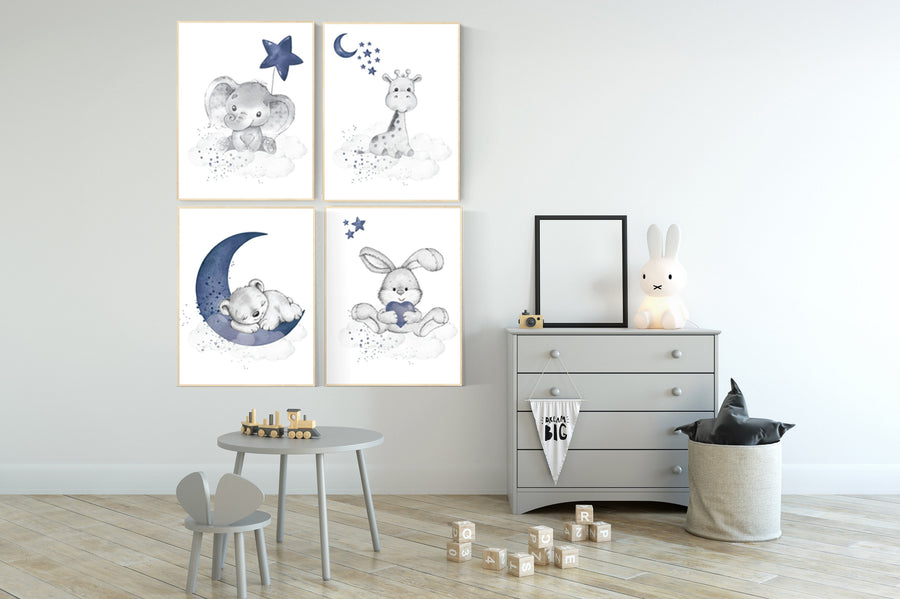Nursery decor boy elephant, animal nursery, bunny nursery art, navy blue, bear nursery, giraffe baby room wall art, boy room, navy gray grey