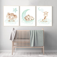 Nursery wall art mint, mint green, woodland, jungle, elephant, giraffe, bear, prints, Nursery decor animals, twins, gender neutral